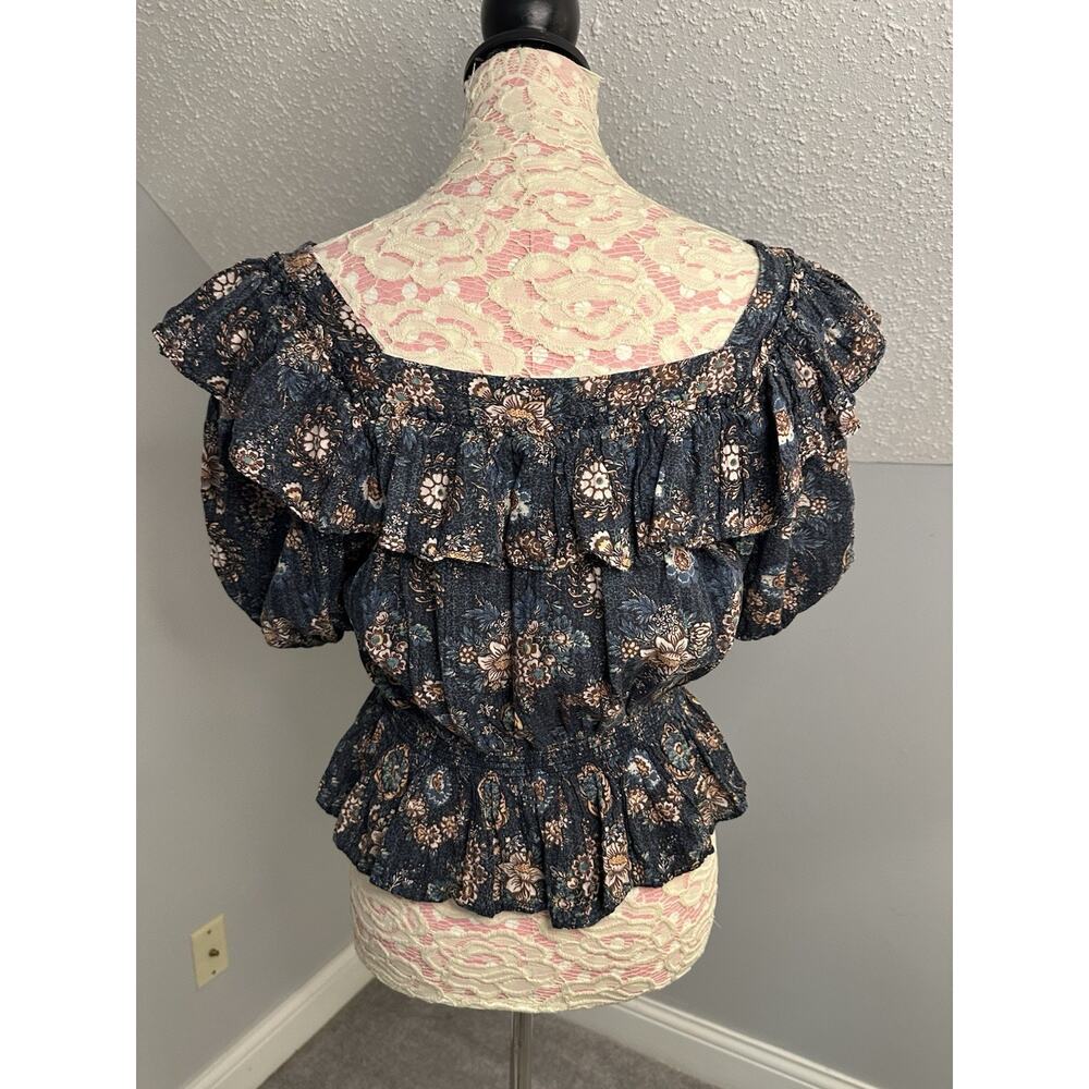 EUC ULLA JOHNSON Warner Floral Ruffle Puff-sleeve Peplum Blouse Sz 14 - Picture 4 of 7